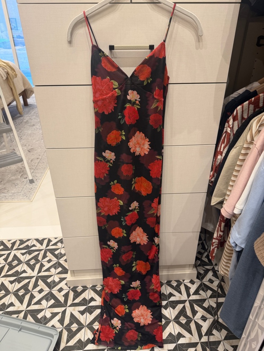 White Fox Boutique Black Floral Maxi Slip Dress with Red & Coral Blooms